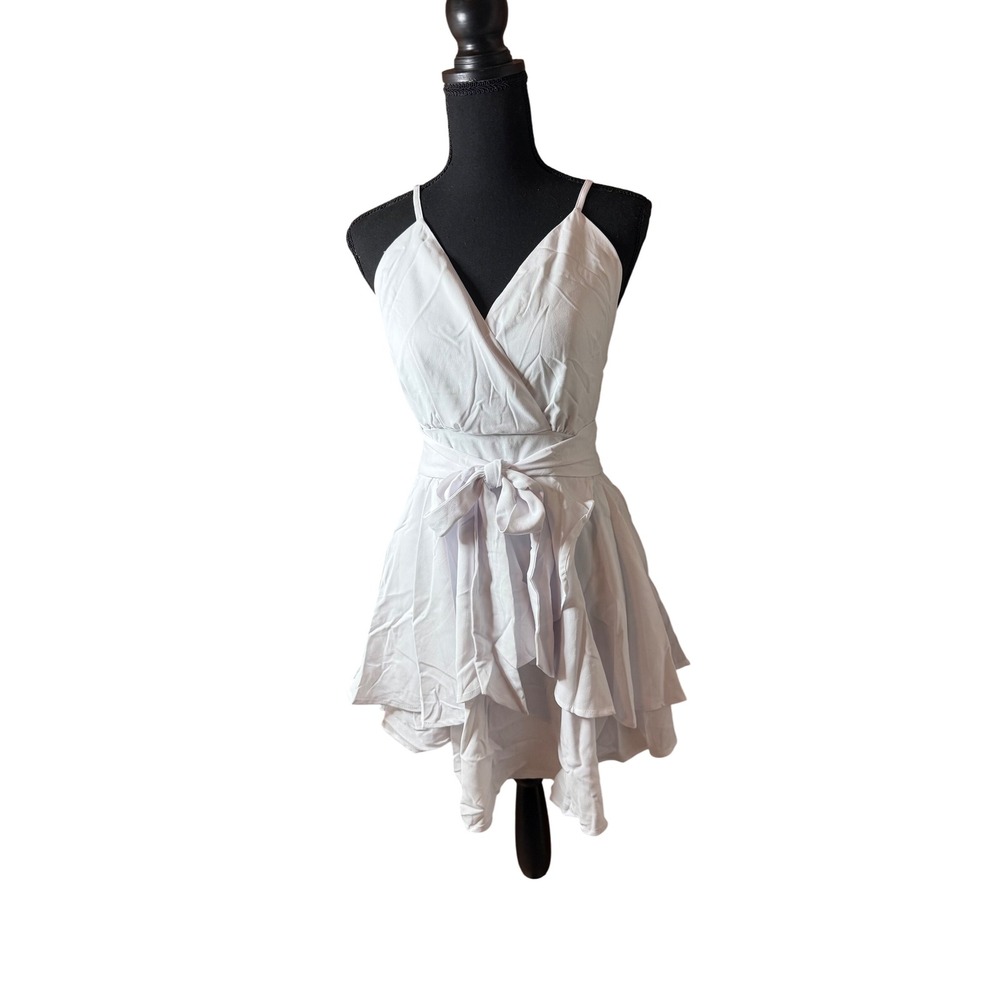 White Wrap Mini Dress Crisscross Back Tie Waist Ruffled Skirt